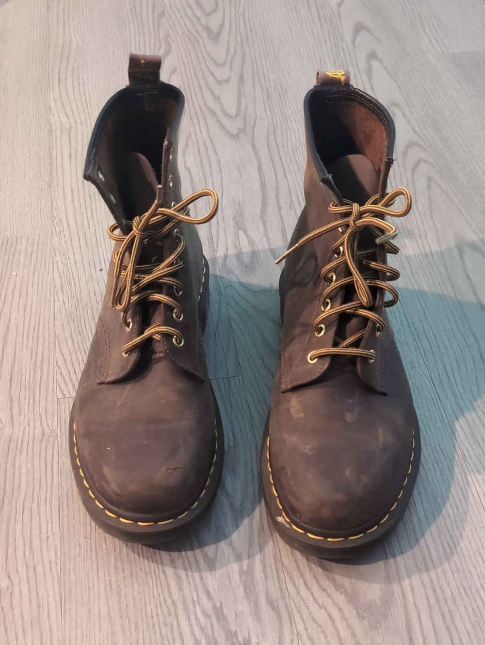 Dr. Martens 1460 Crazy Horse Leather Boots with Yellow Welt Stitching
